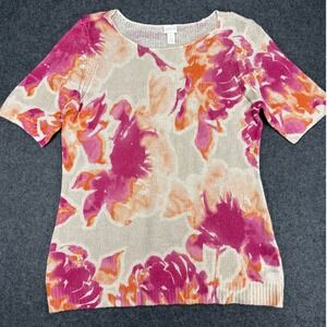 Chicos Women's Floral Print Linen Blend Knit Short‎ Sleeve Top Size 3